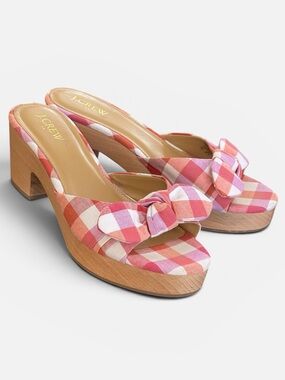 J.Crew Pink Orange Gingham Check Bow Platform Sandals Mules Sz 9 Wood Block Heel